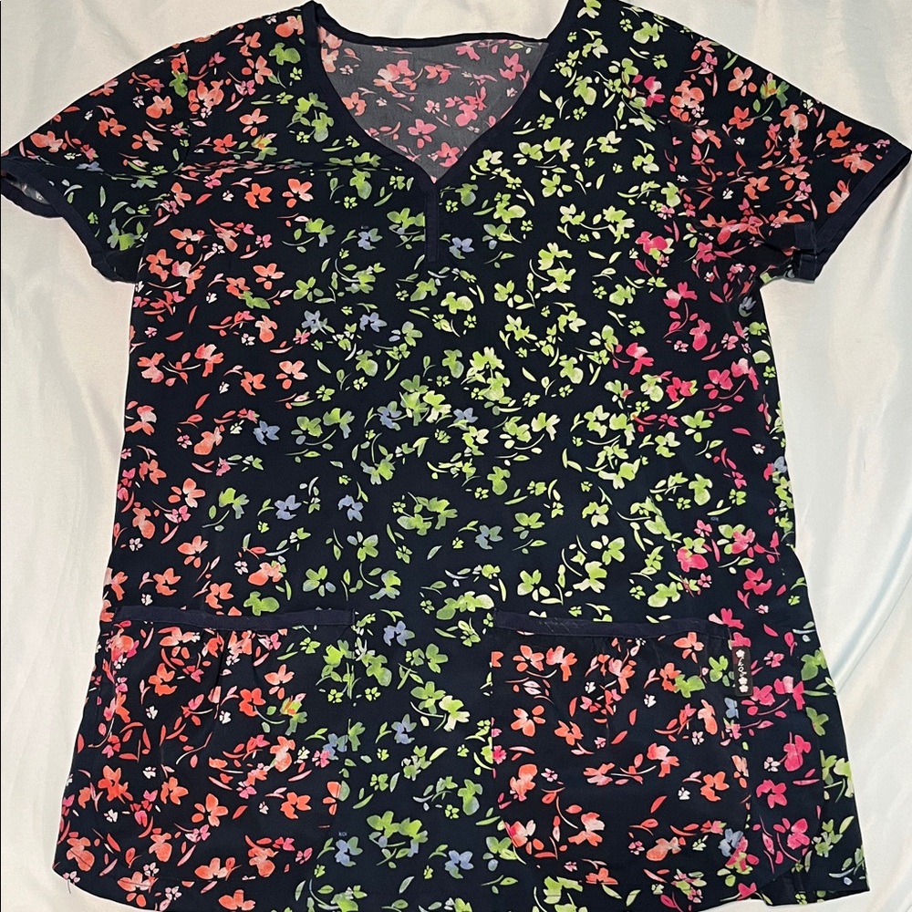 koi Black Floral Print Scrub Top with Multicolor Blossoms
